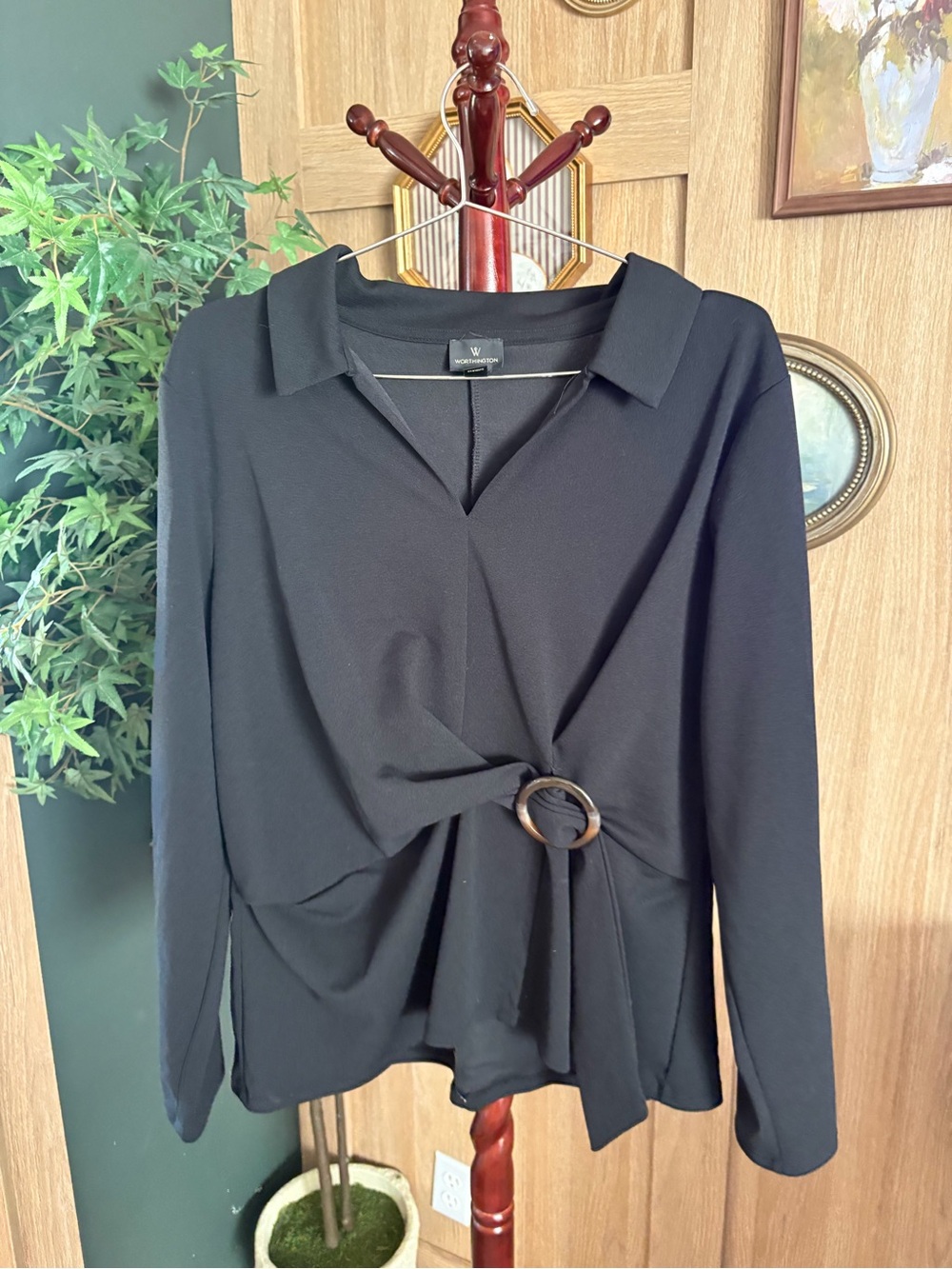Worthington Black Long Sleeve Knot-Front Top with Ring Detail